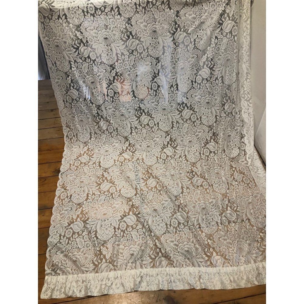 Vintage Lace White Window Panel Curtain Peonies Design 56” x 84” lot of 4